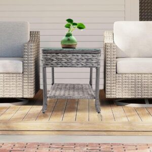 Generic Wicker Patio Side Table with Top - Multipurpose Outdoor End Table for Balcony, Porch, and Backyard Settings with 2-Tier Storage Shelf (Glass Top), Grey, BZ001