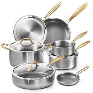 carote ceramic tri-ply stainless steel cookware set, 10pcs stainless steel pots and pans with tempered glass lids, stay-cool handles, dishwasher and oven safe up to 500°f