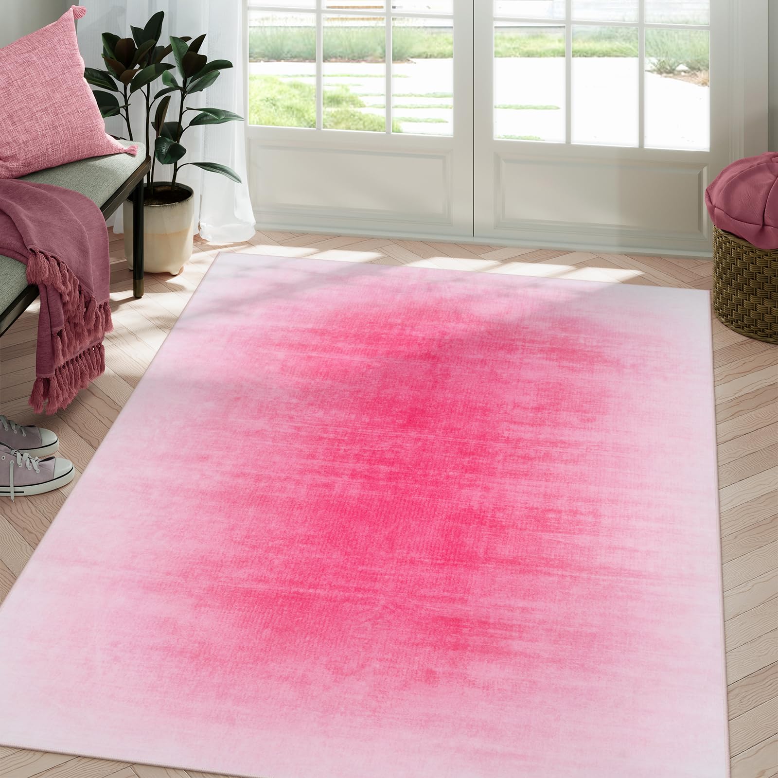 Collive Hot Pink 5x7 Area Rugs for Bedroom Girls, Contemporary Ombre Nursery Rug Washable Non-Slip Living Room Rugs, Soft Cute Baby Bedside Carpet for Dorm Playroom, Kids Room