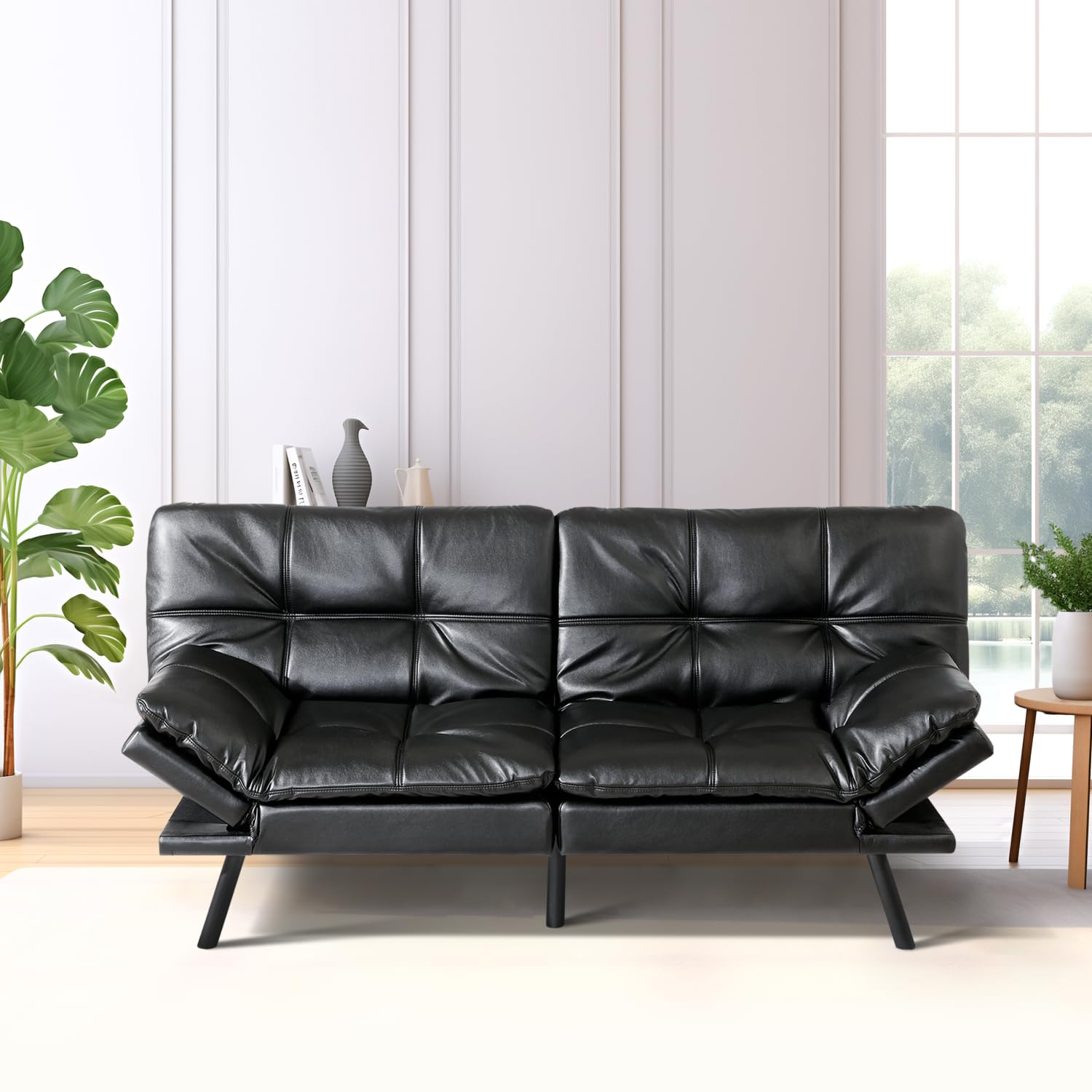 MUUEGM 71" Sofa Bed with Memory Foam,Futon Sofa Bed with Adjust Backrest and Armrest, Couches for Living Room,Studios, Apartments, Dormitories, Offices and Game Rooms. Black Leather Sofa