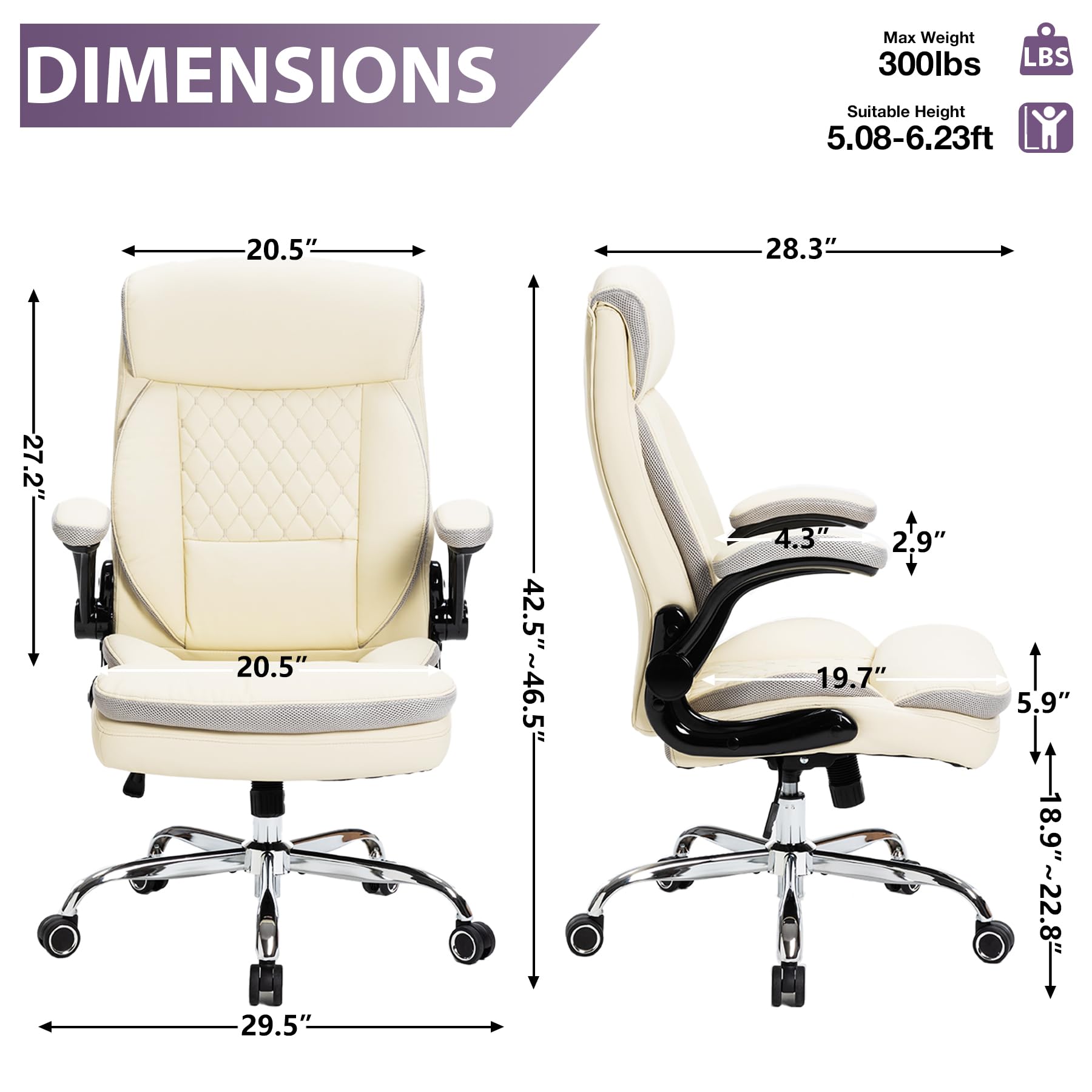 Executive Office Chair,Ergonomic Desk Chair with Adjustable Flip-Up Arms,Computer Office Desk Chair with Rocking Function(Cream)