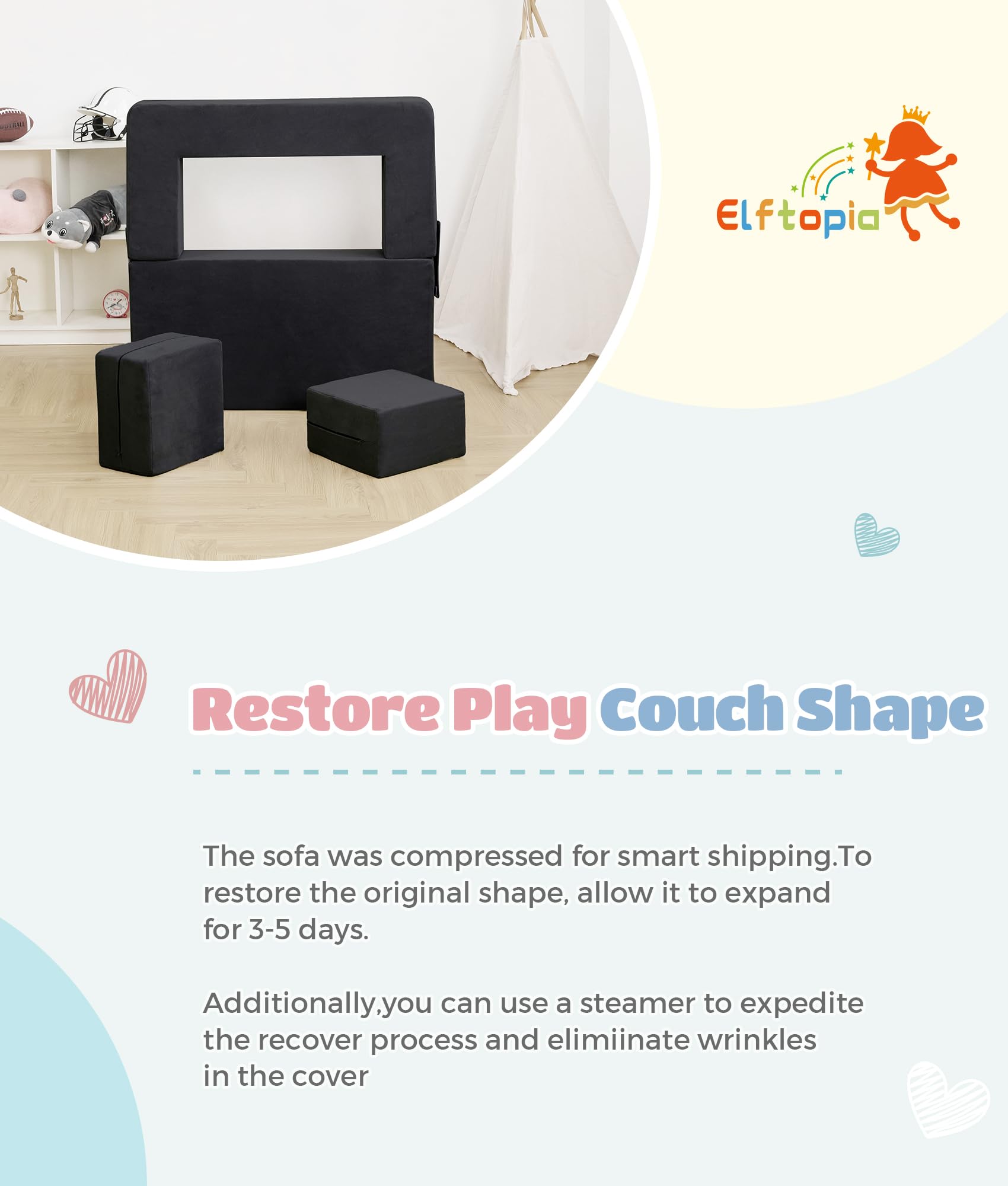 Elftopia Modular Kids Sofa,Toddler Couch Foam Armchair for Kids, Children Convertible Plush Sofa Play Set,Fold Out Sofa Bed(Black)