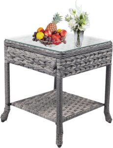 generic wicker patio side table with top - multipurpose outdoor end table for balcony, porch, and backyard settings with 2-tier storage shelf (glass top), grey, bz001