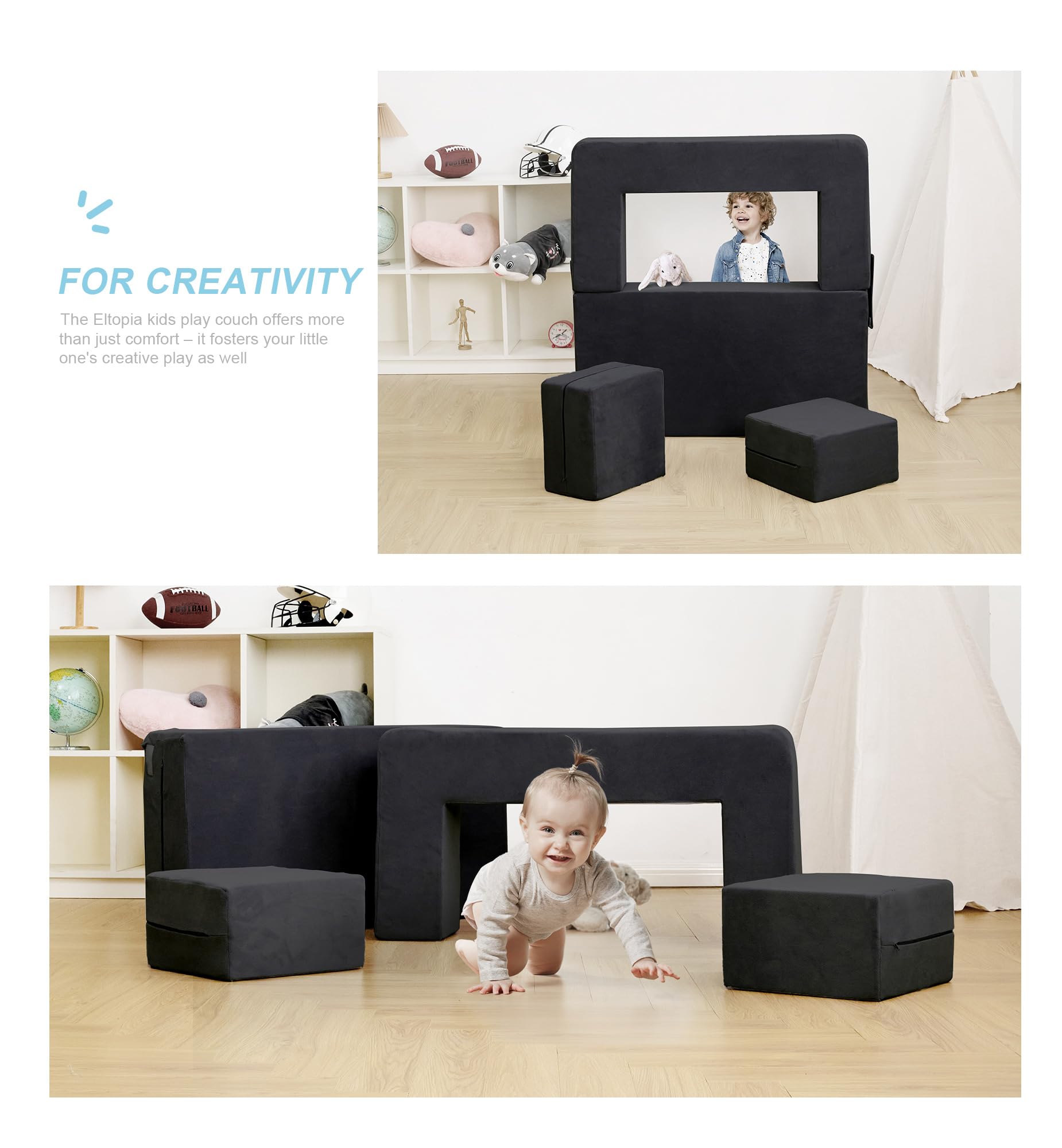 Elftopia Modular Kids Sofa,Toddler Couch Foam Armchair for Kids, Children Convertible Plush Sofa Play Set,Fold Out Sofa Bed(Black)