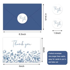 Whaline 36Pcs Blue Floral Thank You Cards with Envelope Stickers Wild Floral Thank You Note Cards for Wedding Bridal Shower Birthday Supplies