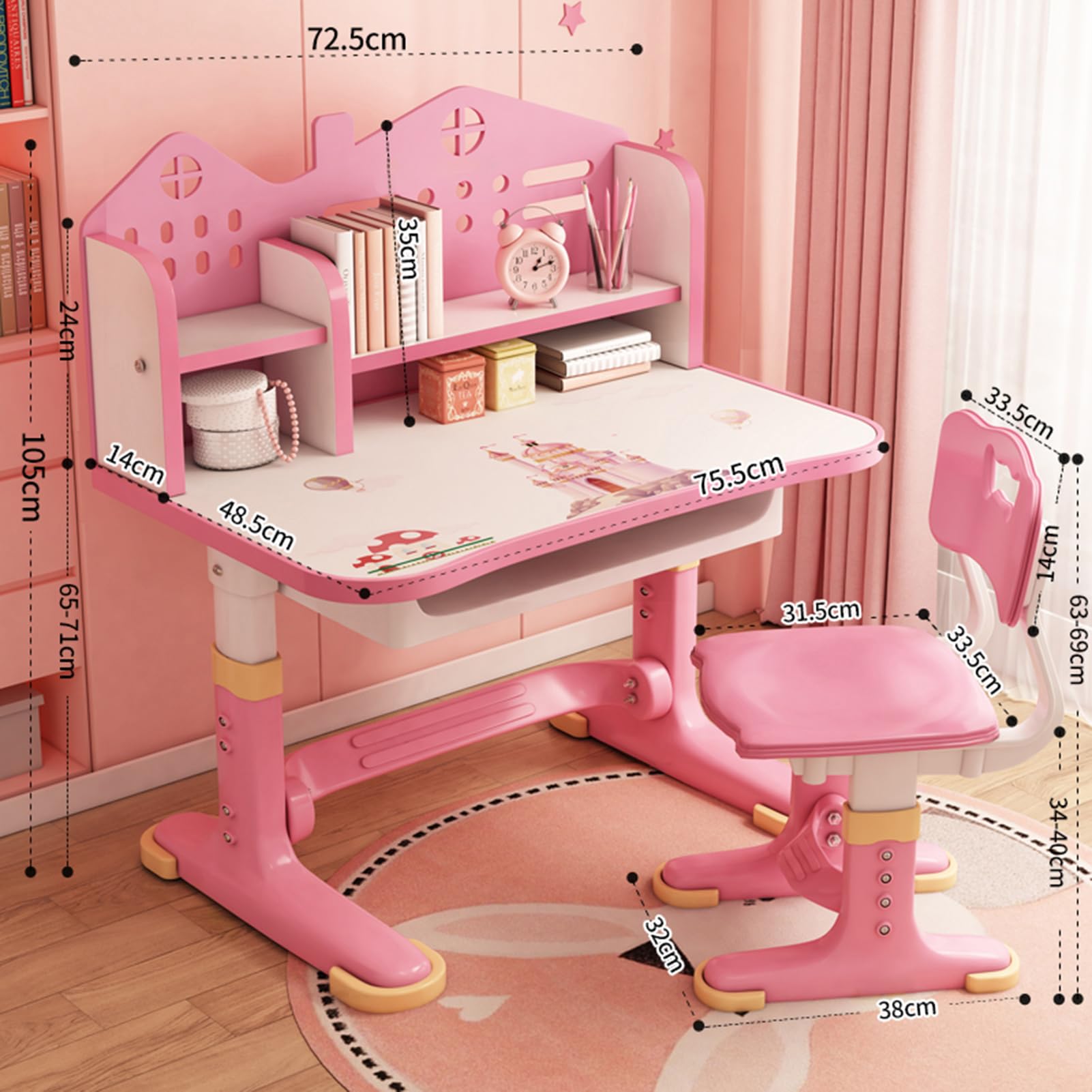 iondelce Kids Desk and Chair Set, Height Adjustable Study Table for Kids, Ergonomic Kids Study Table and Chair Set with Large Writing Board, Bookshelf, Drawer and Castle Pattern, for Girls (Pink)