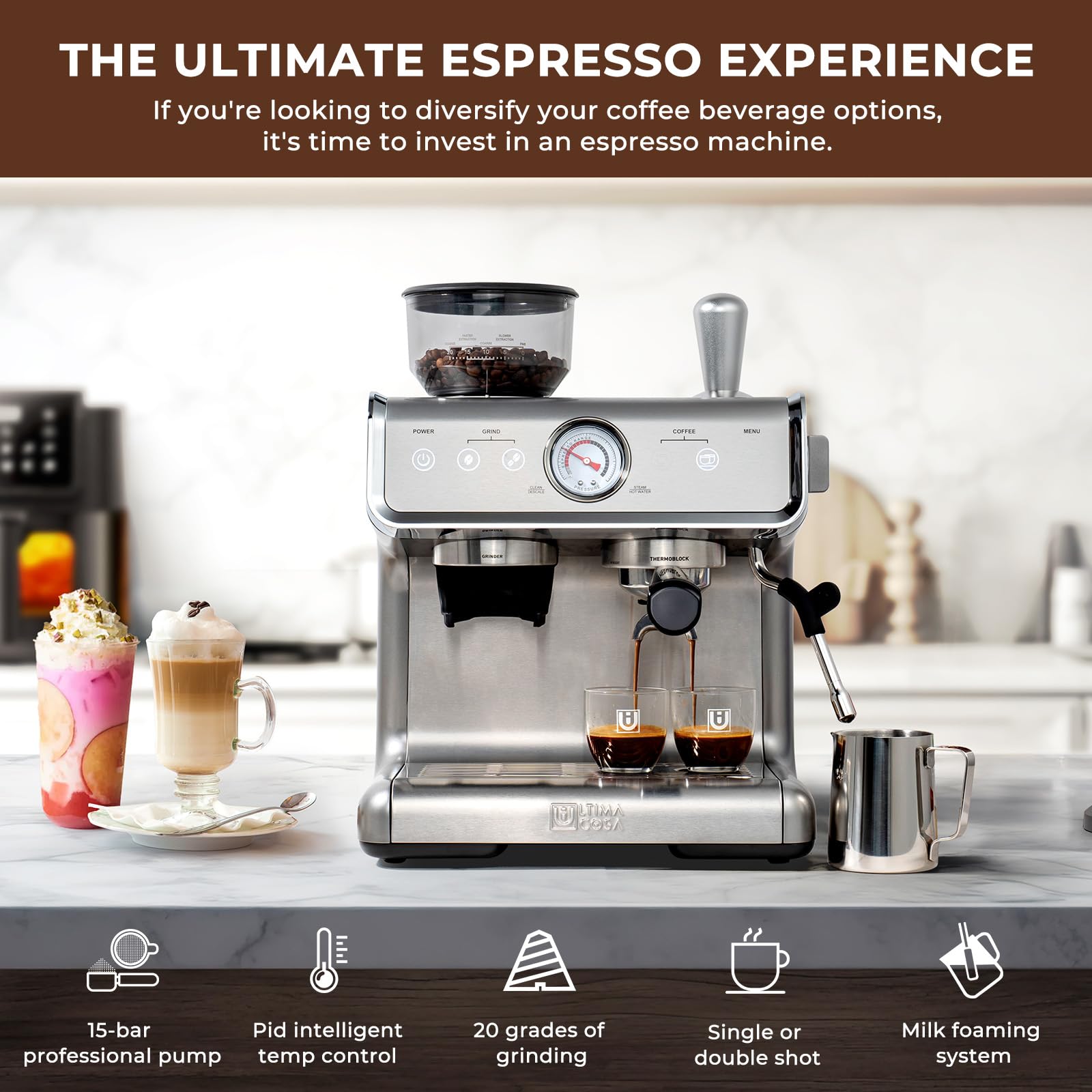 Ultima Cosa Elevate Your Coffee Experience Espresso Machine With Grinder,Barista Espresso Maker with Milk Frother Steam Wand, Removable Water Tank