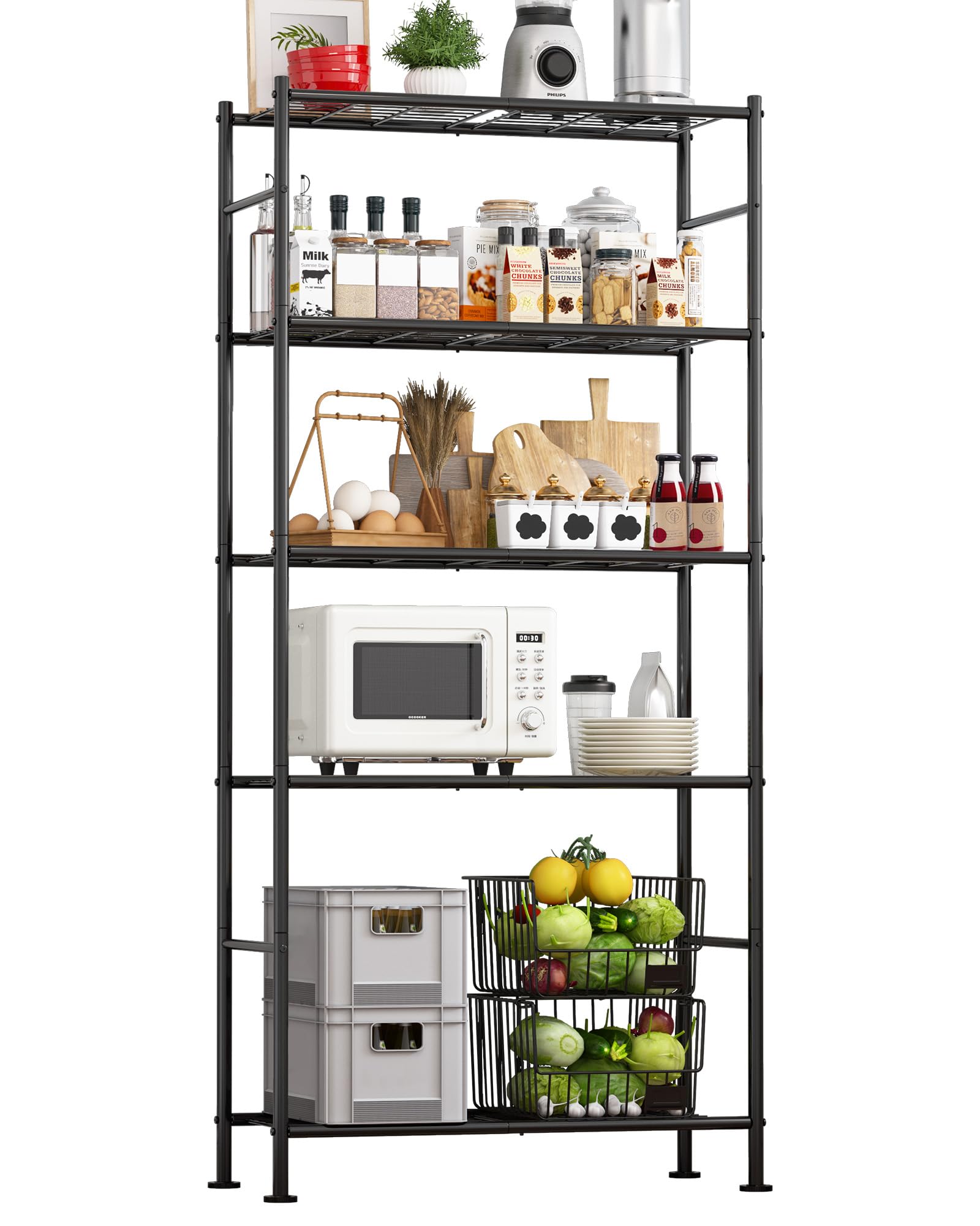 Sakugi Storage Shelves - 5 Tier Shelf Organizer, Heavy Duty Garage Shelving Unit with Leveling Feet, Stable Metal Shelves Organizer for Pantry, Kitchen and Closet, 33.1" W X 12.6" D X 72.0" H, Black