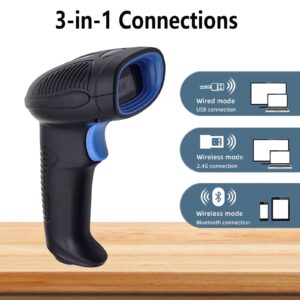 Xyllayeo Wireless Bluetooth Barcode Scanner: 3-in-1 Hand Scanners - Rechargeable 1D and 2D Scanning Gun Portable for Inventory Management - Handheld Cordless USB 1D QR Code Reader for POS System