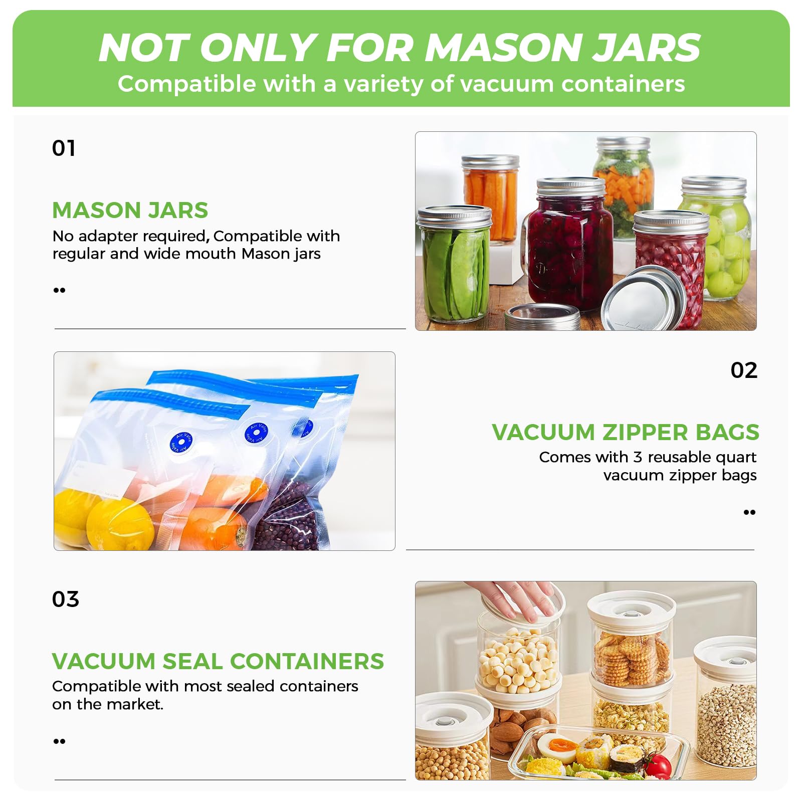 YANOY Electric Mason Jar Vacuum Sealer Kit for Wide Mouth and Regular Mouth Mason Jars, Food Saver Bags & Vacuum Seal Containers, 𝟮𝟬𝟮𝟰 𝐒𝐦𝐚𝐫𝐭 𝐔𝐩𝐠𝐫𝐚𝐝𝐞 - 𝐁𝐥𝐚𝐜𝐤 𝐏𝐫𝐨