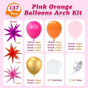 137Pcs Pink and Orange Balloons Garland Arch Kit with Stars - 5 10 12 18 inch Hot Pink Light Pink Orange Gold Latex Balloons for Birthday Baby Shower Graduation Tropical Party Decorations