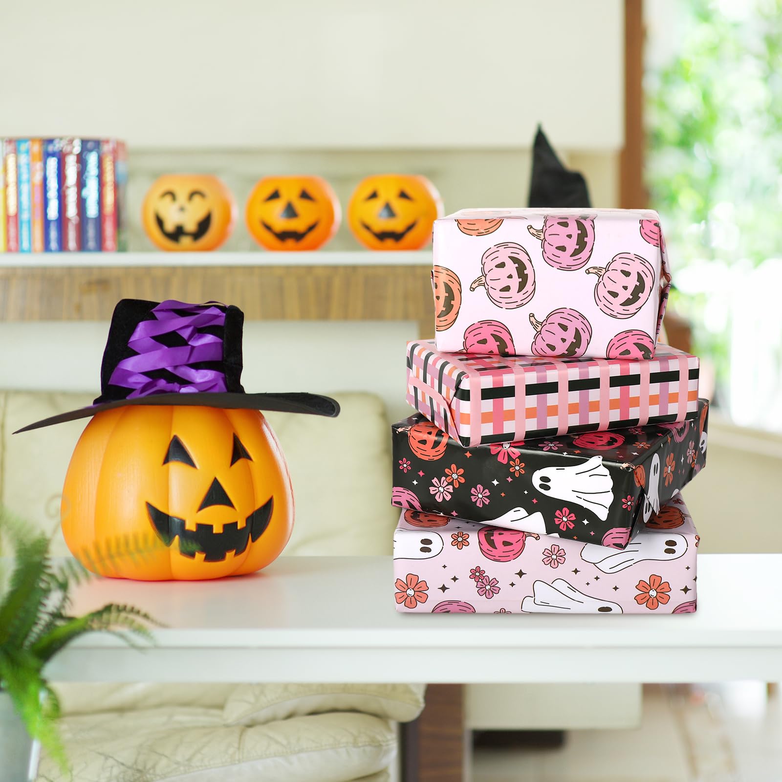 Generic AnyDesign 12 Sheets Halloween Wrapping Paper - Not Roll - Pink White Ghost Pumpkin Gift Wrap Paper Folded Flat Cute Art Paper for DIY Crafts, 19.7 x 27.6 Inch