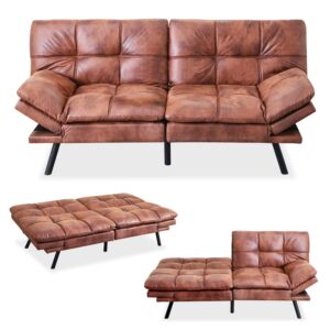 muuegm 71" sofa bed with memory foam,futon sofa bed with adjust backrest and armrest, couches for living room,studios, apartments, dormitories, offices and game rooms. brown leather sofa