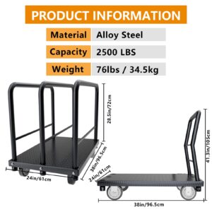 SGOLAN 2in1 Panel Truck Cart, Drywall Cart Platform Trucks 2500 lbs Capacity Lumber Cart Flatbed Cart 38" x 24" Heavy Duty Push Cart with 1Front and 3 Side Handrails& Swivel Casters