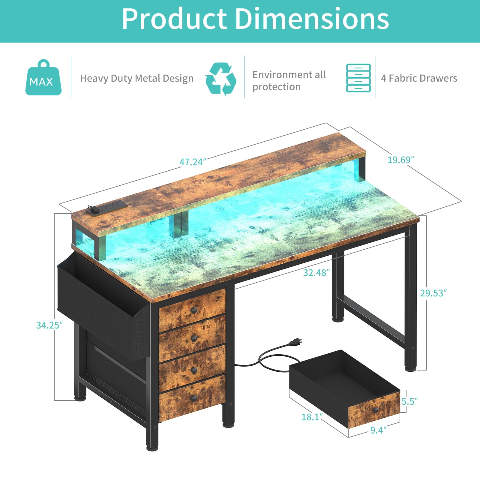 Lufeiya Computer Desk with Fabric Drawers, 47 inch Home Office Desk with Monitor Stand, Gaming Desk with LED Lights and Power Outlets, Rustic Brown