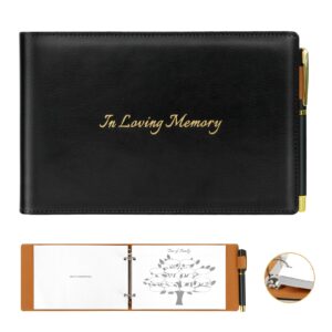 funeral guest book for memorial service, black leather celebration of life guest book with pen, 120 pages loose-leaf in loving memory funeral registry sign in book for mourning honoring loved ones