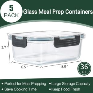 CEKEE Glass Meal Prep Containers with Lids, 5 Pack 36 OZ Glass Food Storage Containers, Airtight Glass Lunch Containers Set, Salad Container for Microwave, Oven, Freezer & Dishwasher Safe