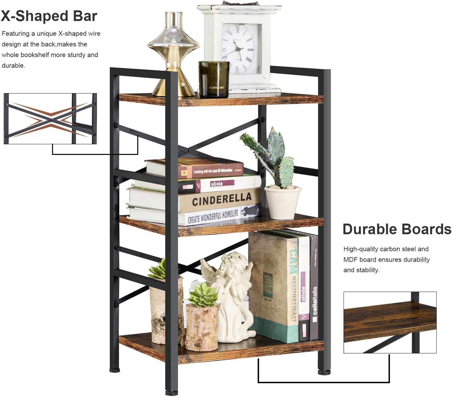 KKN Book Shelf, 4 Tier Industrial Book case, Metal & Wood Small Bookshelf, Display Shelf Book Shelf Storage Organizer for Living Room, Bedroom, and Office Furniture (3 Tier)