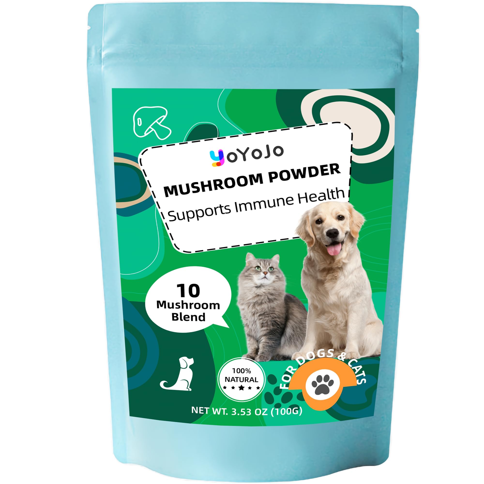 Mushrooms Extract Powder for Dogs & Cats - 10 Mushrooms Complex Pet Supplement for Immunity, Cellular Health, Cognition, Longevity - Lion's Mane, Turkey Tail, Reishi for Dogs & Cats - 3.53 oz / 100g