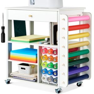 rolling cricut craft storage, mobile cricut vinyl organization storage with 23 vinyl roll holder, craft table stand with wheels, crafting cabinet workstation with large drawers for room home office