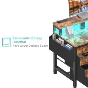 Lufeiya Computer Desk with Fabric Drawers, 47 inch Home Office Desk with Monitor Stand, Gaming Desk with LED Lights and Power Outlets, Rustic Brown