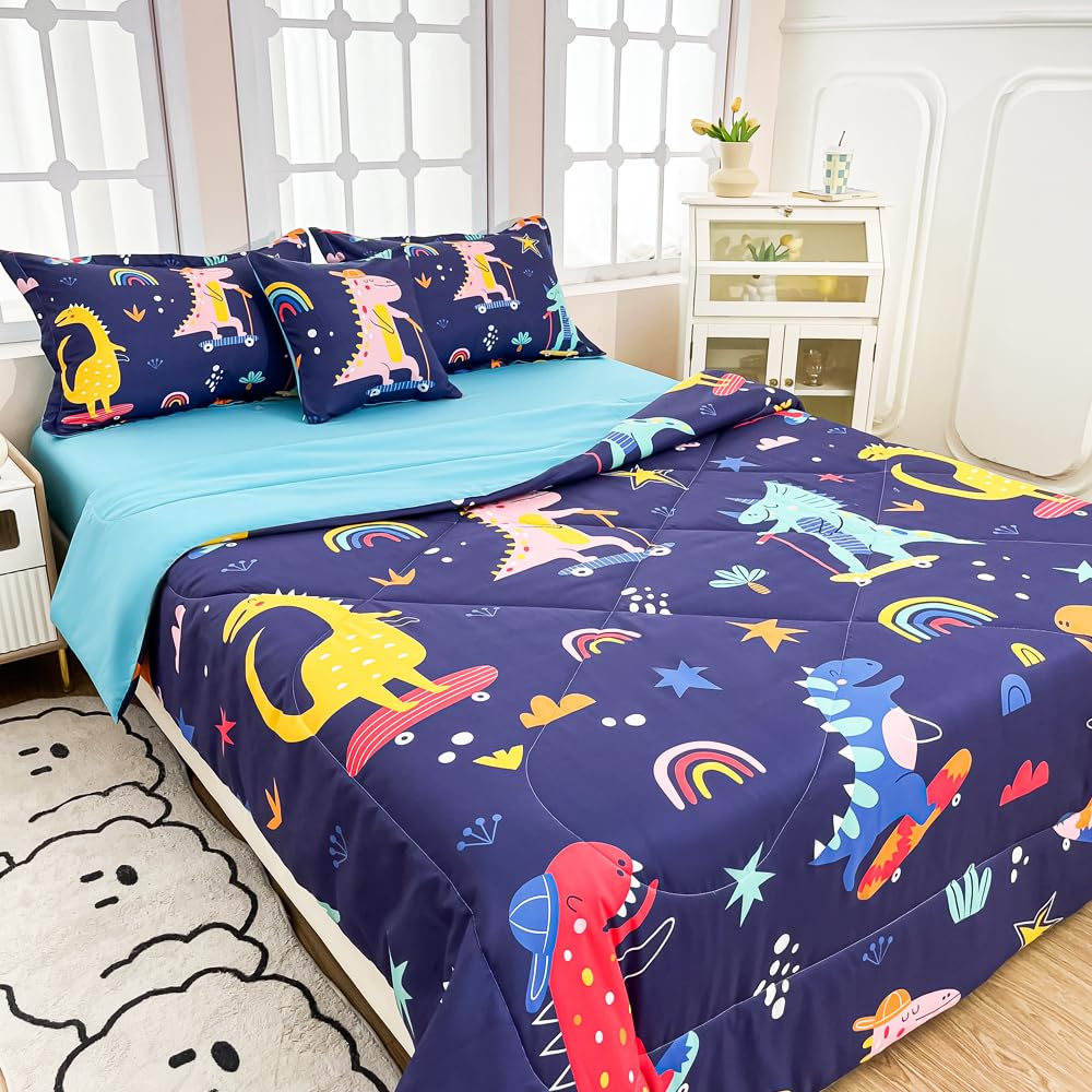 Megamayga Dinosaur Bedding Full Size for Boys 6 Pieces Dinosaur Comforter Set Full for Kids Bed in A Bag Comforter Set with Blue Sheets Stars Rainbow Print 3D Dino Bedding Skateboard Dinosaur Bed Set