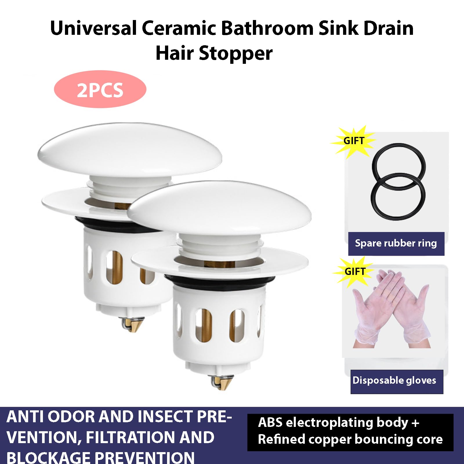 IEKK Universal 2 in 1 Pop Up Bathroom Sink Drain Hair Stopper with Anti-Clogging Filter Basket Bathtub Drain Hair Catcher and 2PCS Ceramic Push-on Stopper for 1.33"-1.57"(34-40mm) Basin Drain Hole