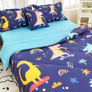 Megamayga Dinosaur Bedding Full Size for Boys 6 Pieces Dinosaur Comforter Set Full for Kids Bed in A Bag Comforter Set with Blue Sheets Stars Rainbow Print 3D Dino Bedding Skateboard Dinosaur Bed Set