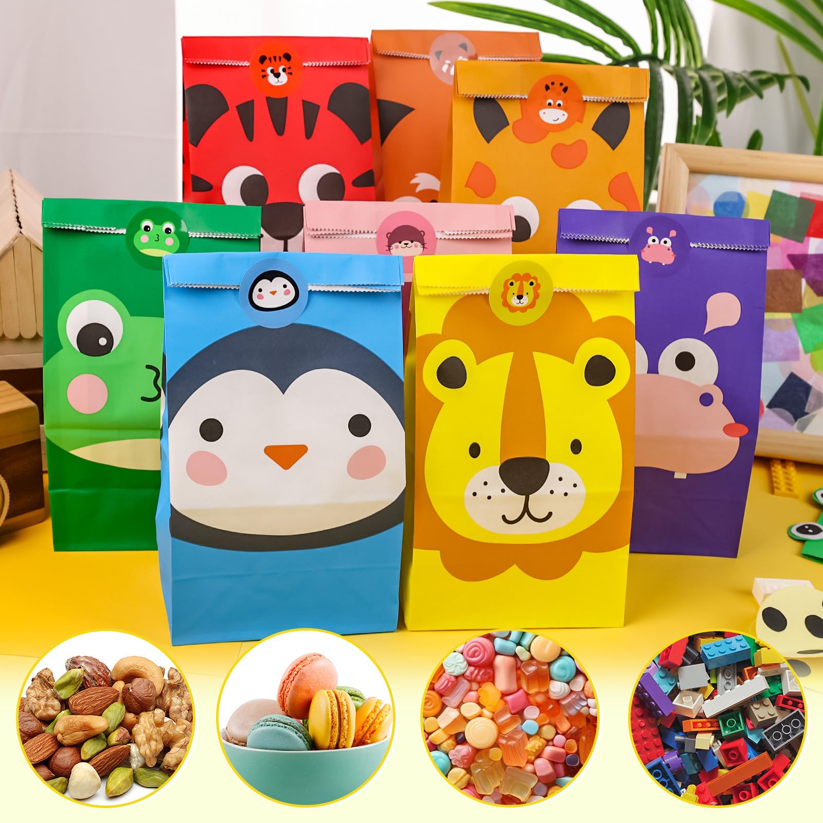 VGOODALL 54PCS Party Favor Bags, Animal Goodie Bags Paper Gift Bags with Stickers Treat Bags Return Gift Bags for Kids Birthday Party Supplies 4.7" x 3.1" x 8.7"