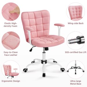 Yaheetech Mid Back Faux Leather Office Chair Adjustable Tilting Vanity Chair Modern Upholstered Desk Chair Task Chair with Detachable Padded Armrests for Home/Office,Pink