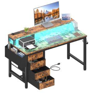 lufeiya computer desk with fabric drawers, 47 inch home office desk with monitor stand, gaming desk with led lights and power outlets, rustic brown