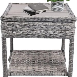 Generic Wicker Patio Side Table with Top - Multipurpose Outdoor End Table for Balcony, Porch, and Backyard Settings with 2-Tier Storage Shelf (Wooden Top), Grey, BZ001