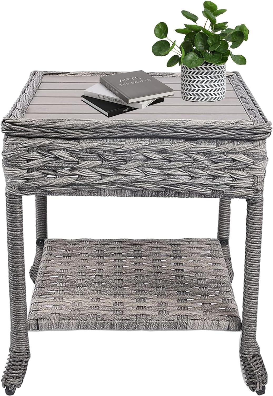 Generic Wicker Patio Side Table with Top - Multipurpose Outdoor End Table for Balcony, Porch, and Backyard Settings with 2-Tier Storage Shelf (Wooden Top), Grey, BZ001