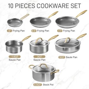 CAROTE Ceramic Tri-Ply Stainless Steel Cookware Set, 10Pcs Stainless Steel Pots and Pans with Tempered Glass Lids, Stay-Cool Handles, Dishwasher and Oven Safe up to 500°F