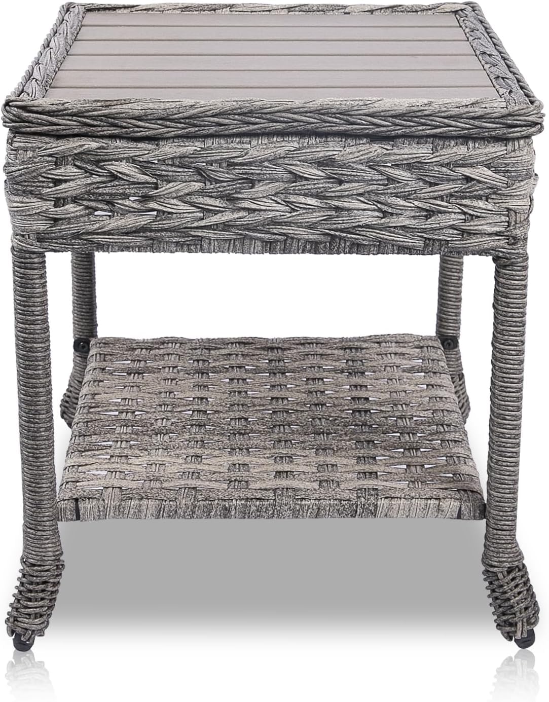 Generic Wicker Patio Side Table with Top - Multipurpose Outdoor End Table for Balcony, Porch, and Backyard Settings with 2-Tier Storage Shelf (Wooden Top), Grey, BZ001