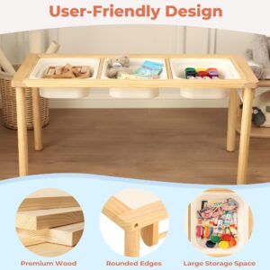 Sensory Table with 3 Foldable Storage Bins, Multifunction Wooden Sand and Water Table with Double-Side Board & Paper Roll Dispenser, Activity Game Table, Indoor Outdoor Use, for Kids