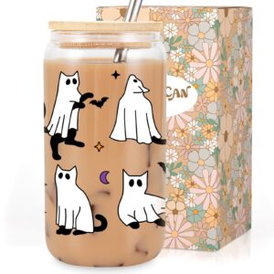 leado halloween cat ghost iced coffee cup, halloween glass cup with lids & straws, 16 oz cute halloween bat spooky tumbler - boo basket stuffers, halloween fall gifts for cat lover, women, her