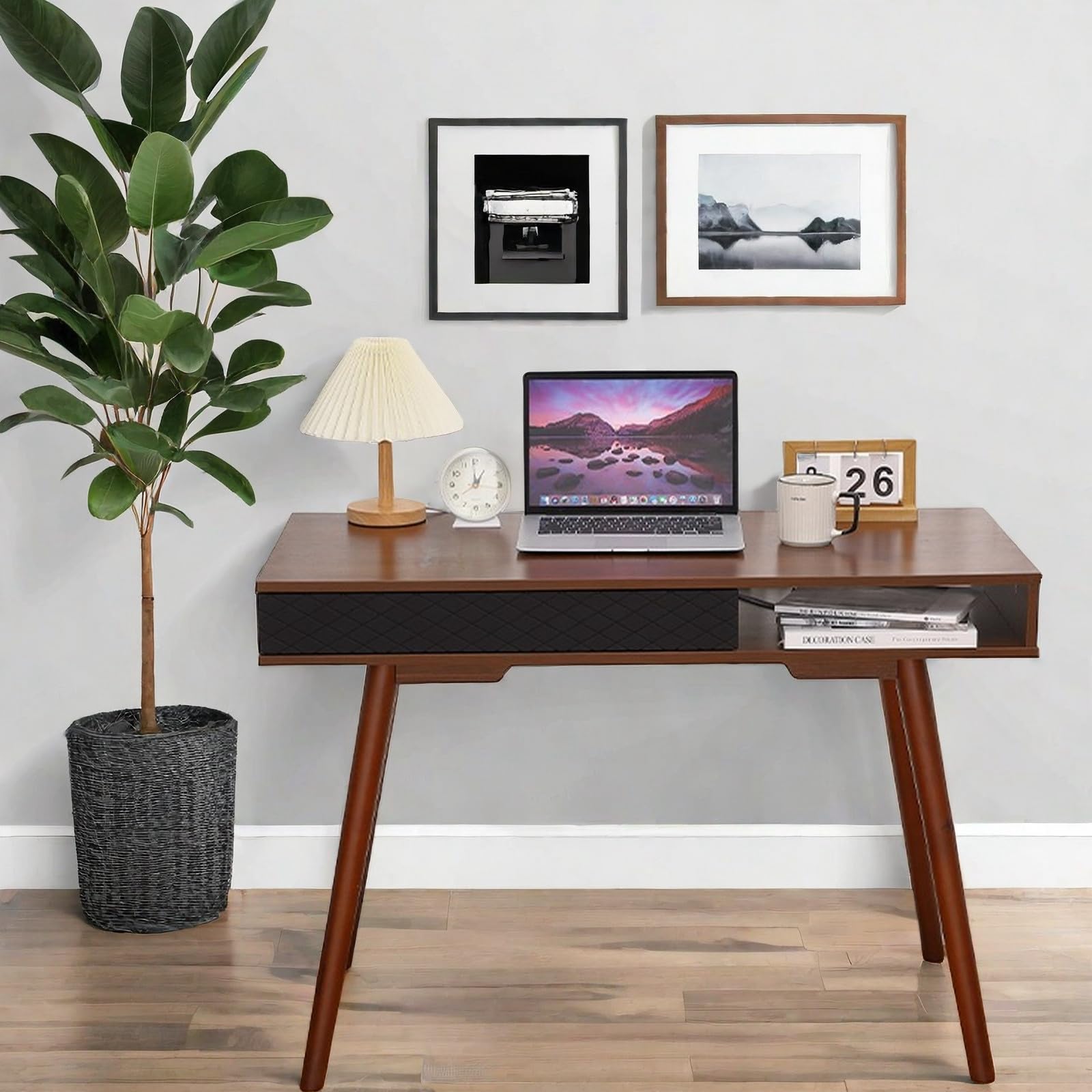 GarveeHome 42 Inch Mid Century Home Office Writing Desk, Modern Simple Computer Desk with Drawer and Open Storage Cubby, Small Vanity Table Desk for Bedroom, Walnut