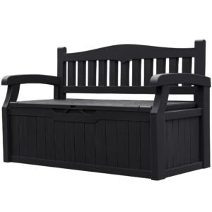 greesum 70 gallon outdoor storage bench, resin patio furniture with armrest,waterproof and durable, perfect to garden, poolside and lawn, black