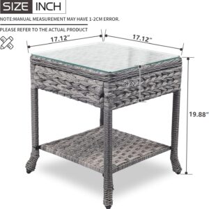 Generic Wicker Patio Side Table with Top - Multipurpose Outdoor End Table for Balcony, Porch, and Backyard Settings with 2-Tier Storage Shelf (Glass Top), Grey, BZ001