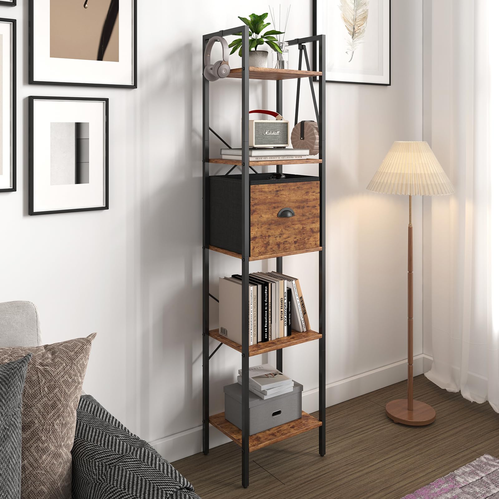 5 Tier Bookshelves,Tall Narrow Bookcases with Shelves, Bookcase Storage Organizer,Industrial Bookshelf with Drawer,Display shelves for Living Room, Bedroom ,Kitchen and Office, Rustic Brown