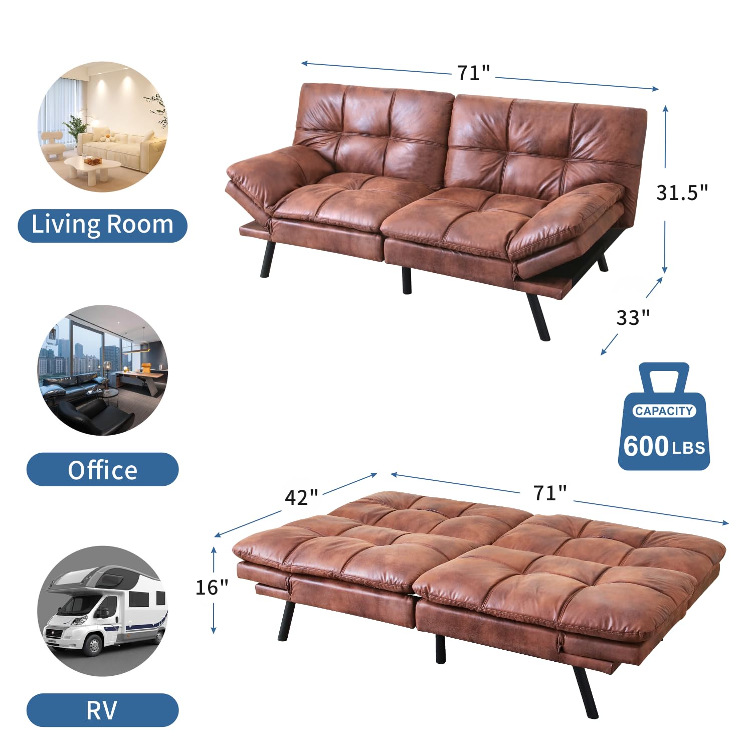 MUUEGM 71" Sofa Bed with Memory Foam,Futon Sofa Bed with Adjust Backrest and Armrest, Couches for Living Room,Studios, Apartments, Dormitories, Offices and Game rooms. Brown Leather Sofa