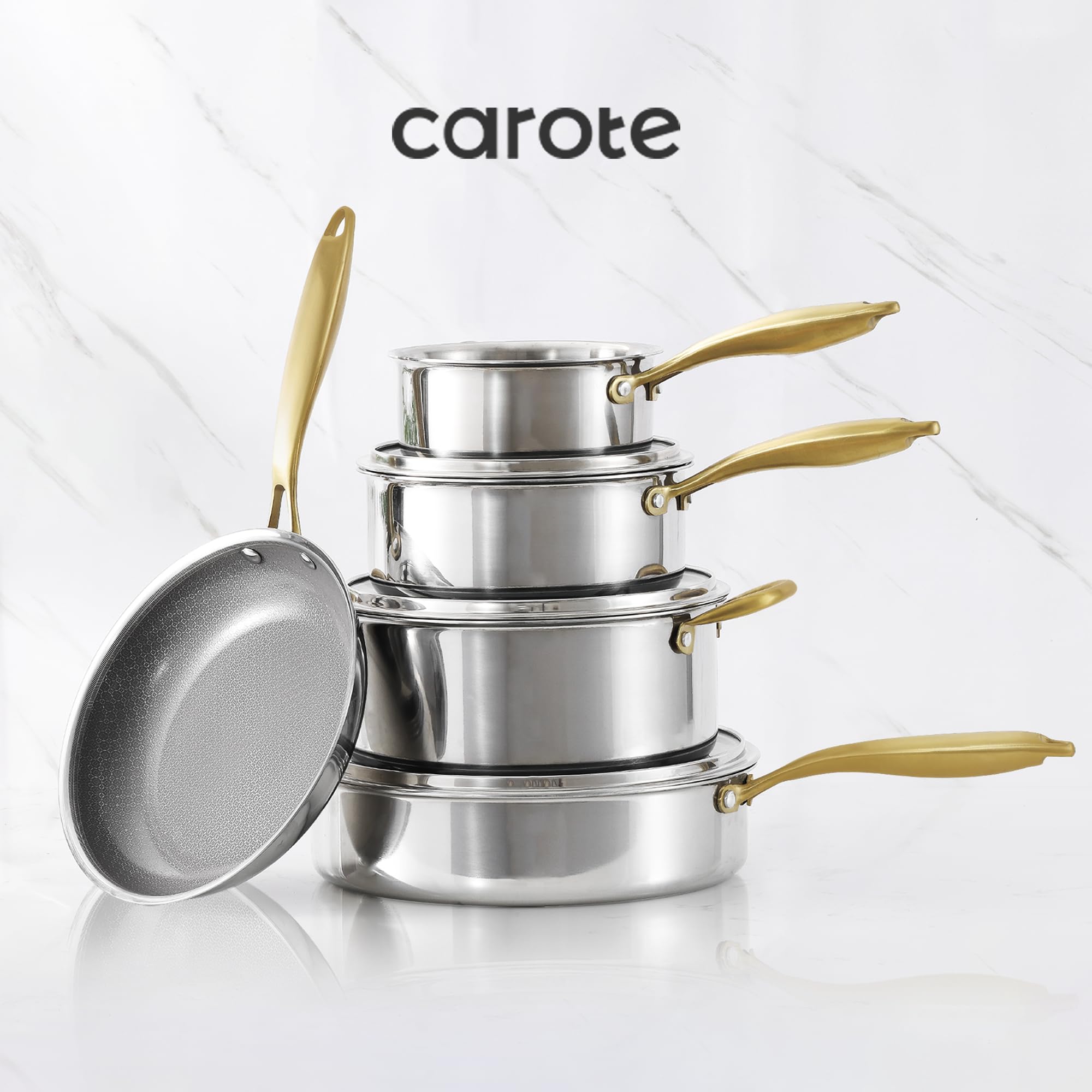 CAROTE Ceramic Tri-Ply Stainless Steel Cookware Set, 10Pcs Stainless Steel Pots and Pans with Tempered Glass Lids, Stay-Cool Handles, Dishwasher and Oven Safe up to 500°F