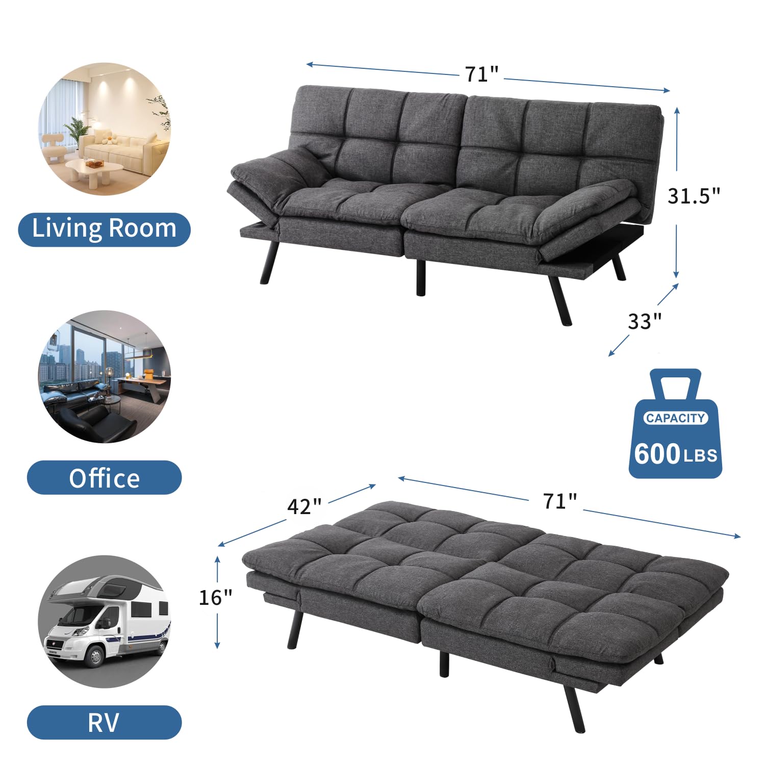 MUUEGM 71" Sofa Bed with Memory Foam,Futon Sofa Bed with Adjust Backrest and Armrest, Couches for Living Room,Studios, Apartments, Dormitories, Offices and Game Rooms. Grey Sofa