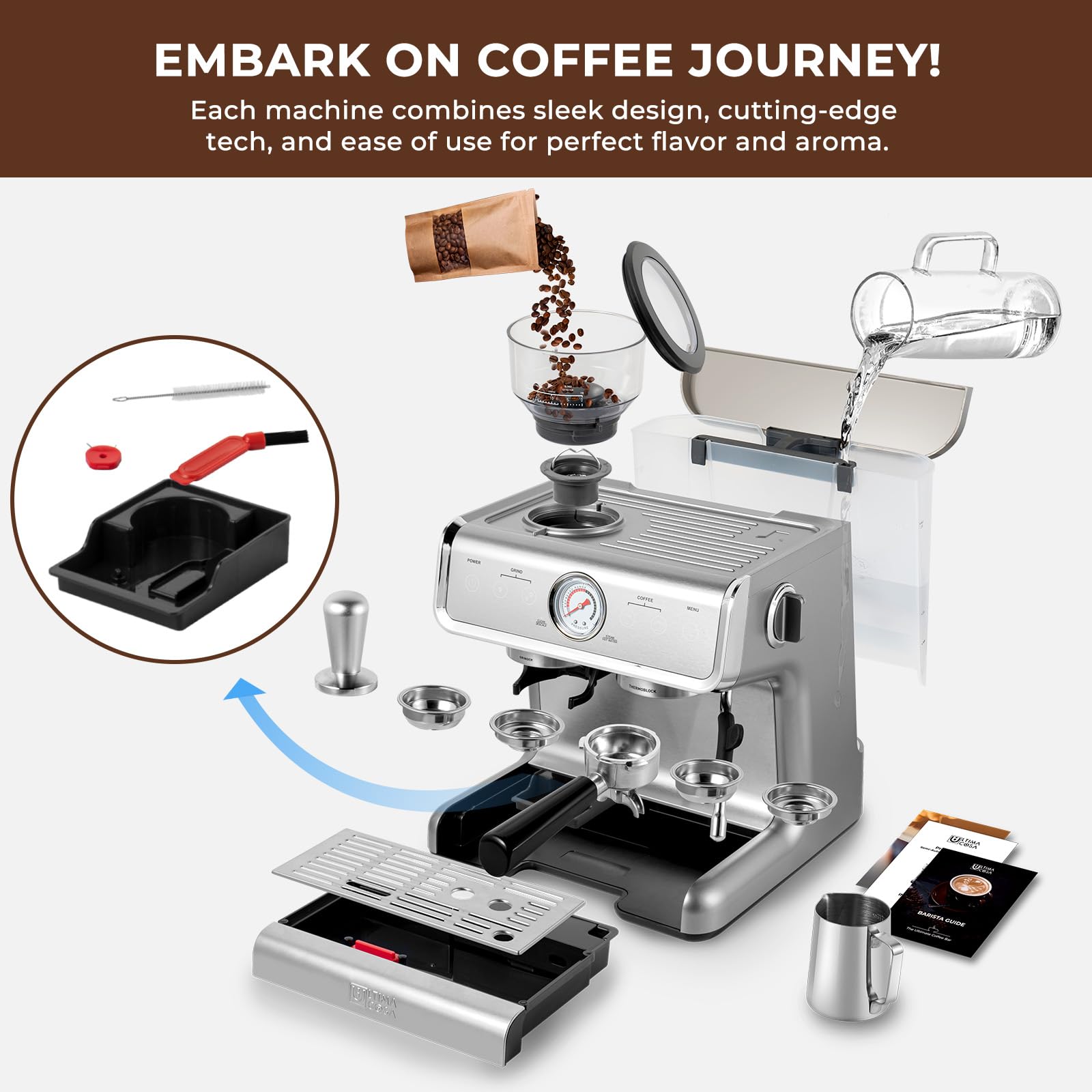 Ultima Cosa Elevate Your Coffee Experience Espresso Machine With Grinder,Barista Espresso Maker with Milk Frother Steam Wand, Removable Water Tank