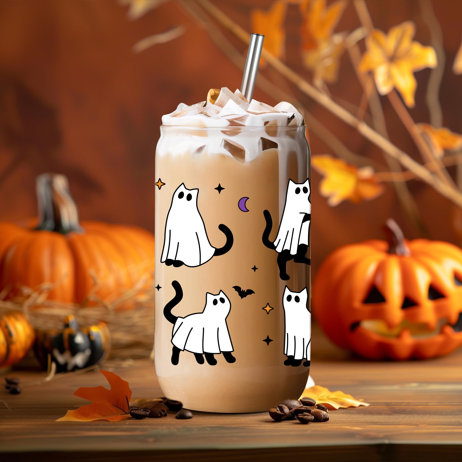 LEADO Halloween Cat Ghost Iced Coffee Cup, Halloween Glass Cup with Lids & Straws, 16 oz Cute Halloween Bat Spooky Tumbler - Boo Basket Stuffers, Halloween Fall Gifts for Cat Lover, Women, Her