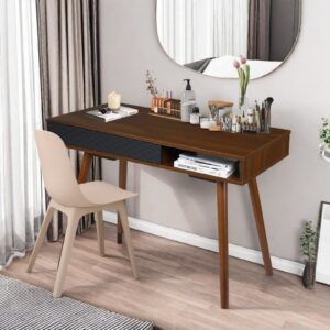 GarveeHome 42 Inch Mid Century Home Office Writing Desk, Modern Simple Computer Desk with Drawer and Open Storage Cubby, Small Vanity Table Desk for Bedroom, Walnut