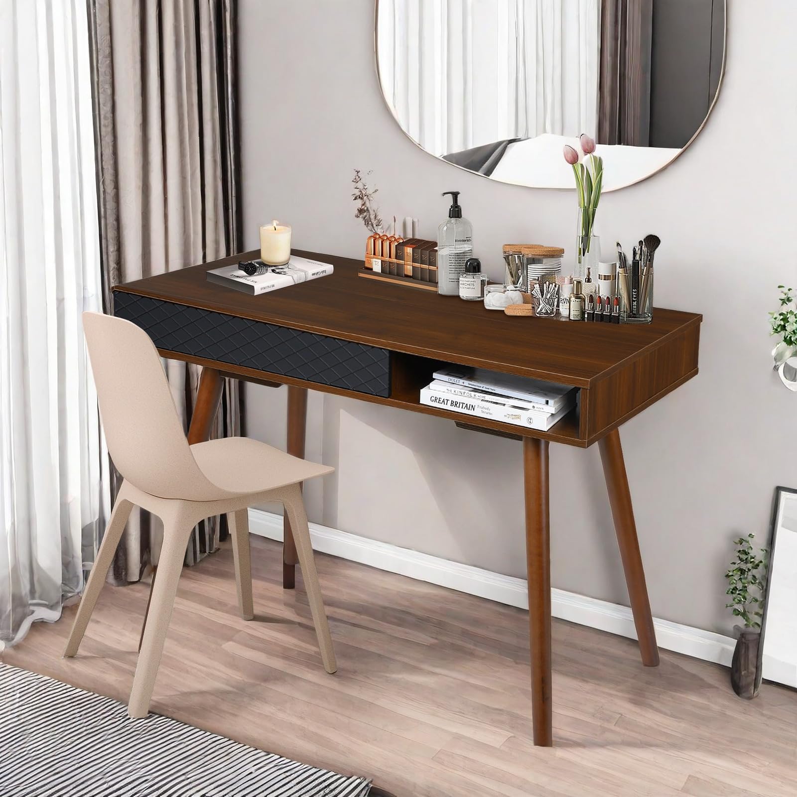 GarveeHome 42 Inch Mid Century Home Office Writing Desk, Modern Simple Computer Desk with Drawer and Open Storage Cubby, Small Vanity Table Desk for Bedroom, Walnut