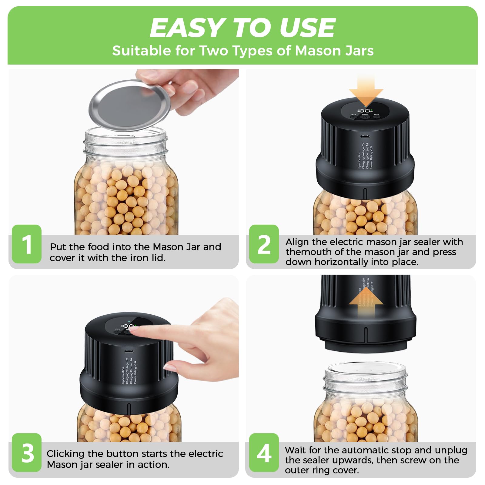 YANOY Electric Mason Jar Vacuum Sealer Kit for Wide Mouth and Regular Mouth Mason Jars, Food Saver Bags & Vacuum Seal Containers, 𝟮𝟬𝟮𝟰 𝐒𝐦𝐚𝐫𝐭 𝐔𝐩𝐠𝐫𝐚𝐝𝐞 - 𝐁𝐥𝐚𝐜𝐤 𝐏𝐫𝐨