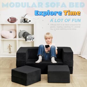 Elftopia Modular Kids Sofa,Toddler Couch Foam Armchair for Kids, Children Convertible Plush Sofa Play Set,Fold Out Sofa Bed(Black)